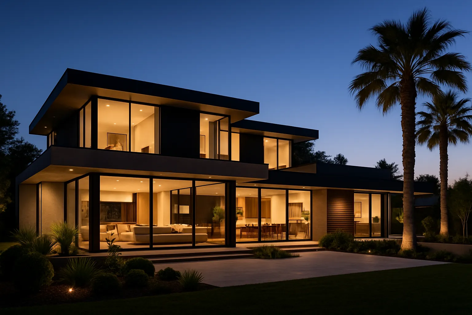 A sleek, modern luxury home in Silicon Valley at twilight, showcasing floor-to-ceiling glass walls, warm interior lighting, clean-lined architecture, manicured landscaping, and silhouetted palm trees against a deepening blue sky.